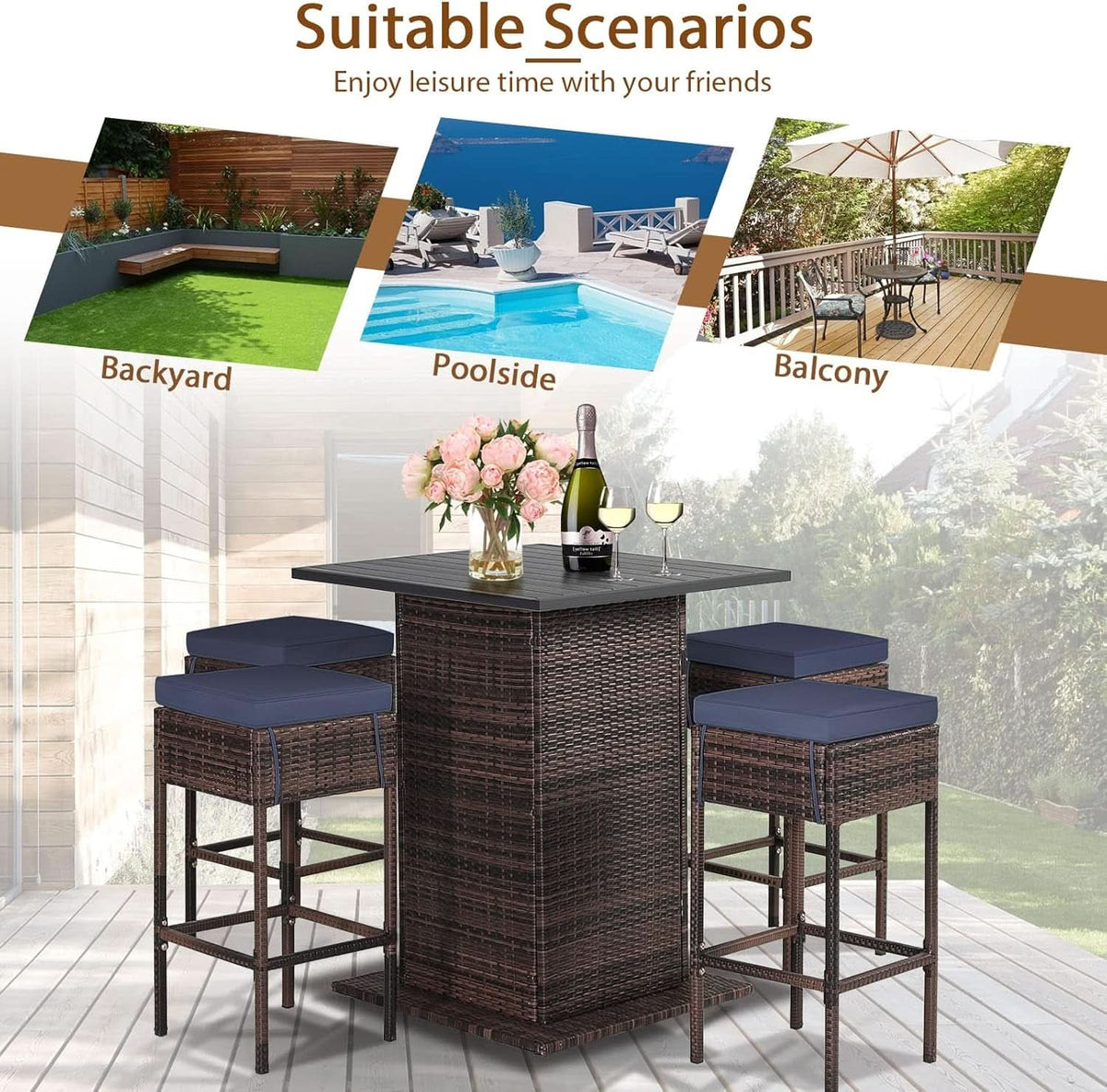 5 Piece Outdoor Bar Set Navy Blue Bar Height Table Storage