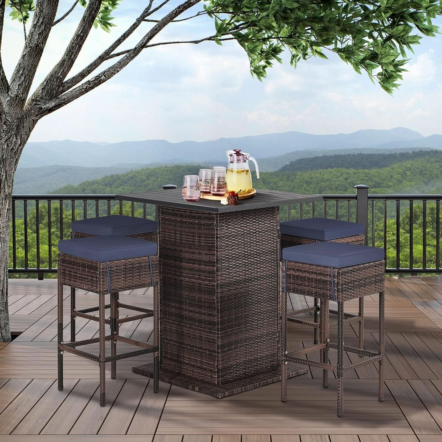 5 Piece Outdoor Bar Set Navy Blue Bar Height Table Storage