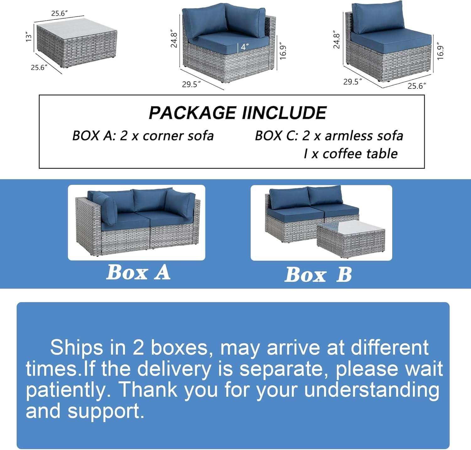 5 Piece Outdoor Patio Sectional Sofa Set In Silver Gray