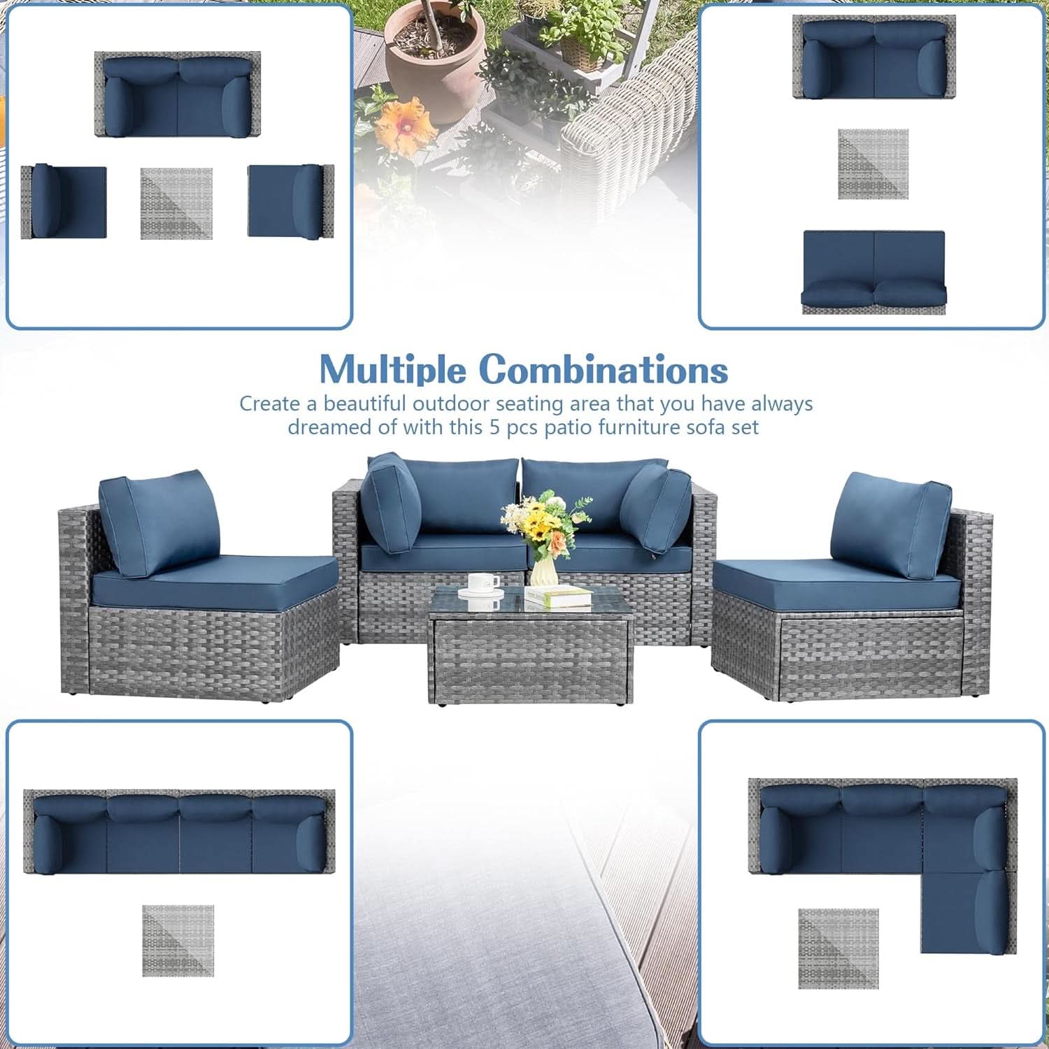 5 Piece Outdoor Patio Sectional Sofa Set In Silver Gray