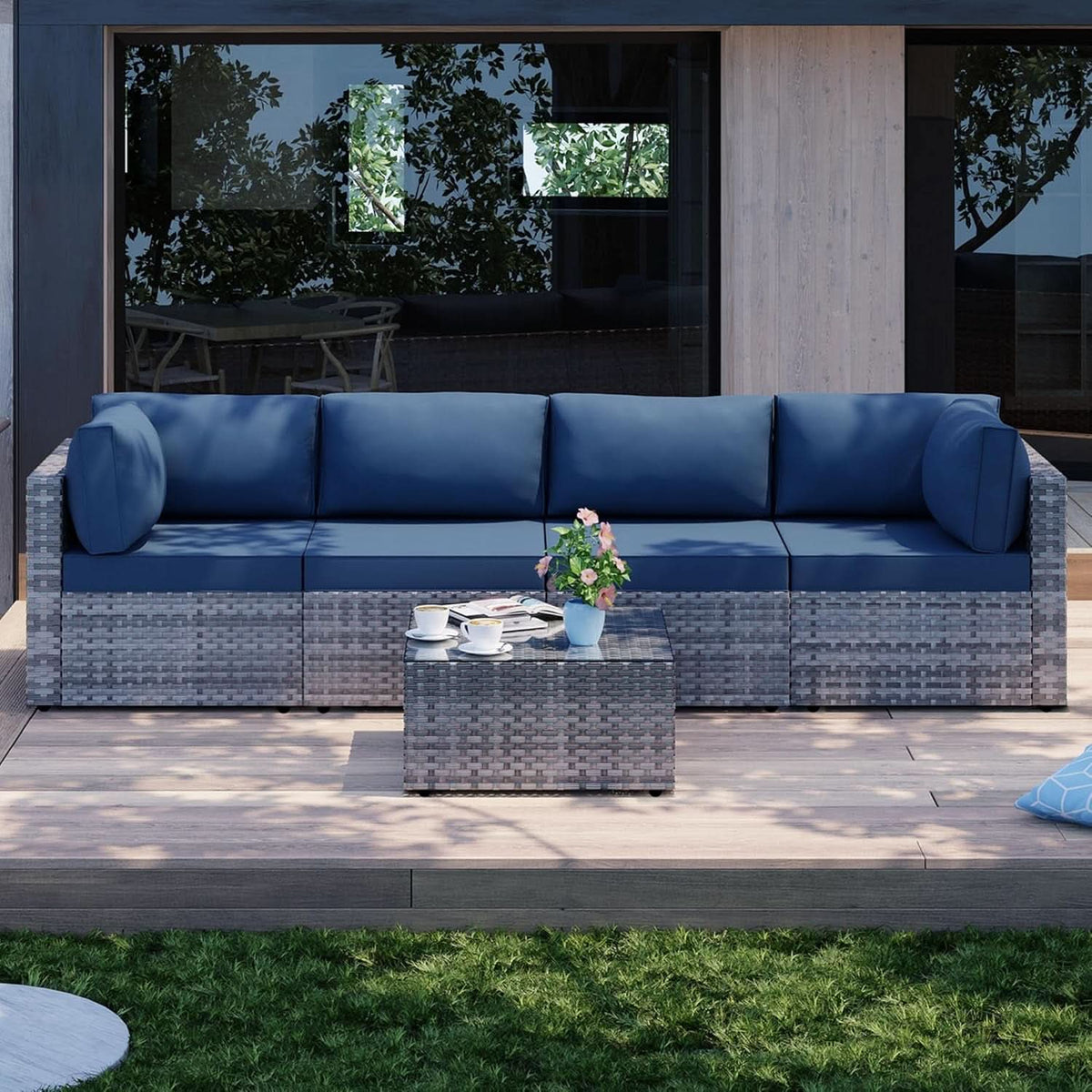 5 Piece Outdoor Patio Sectional Sofa Set In Silver Gray