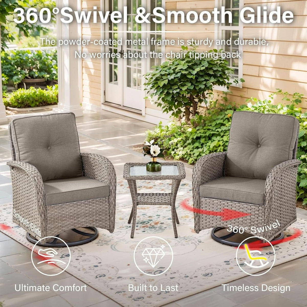 5 Piece Outdoor Patio Set Gray Wicker Swivel Rockers