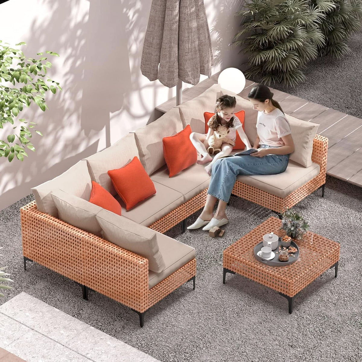 5 Piece Outdoor Patio Set Salmon Orange Wicker Sectional