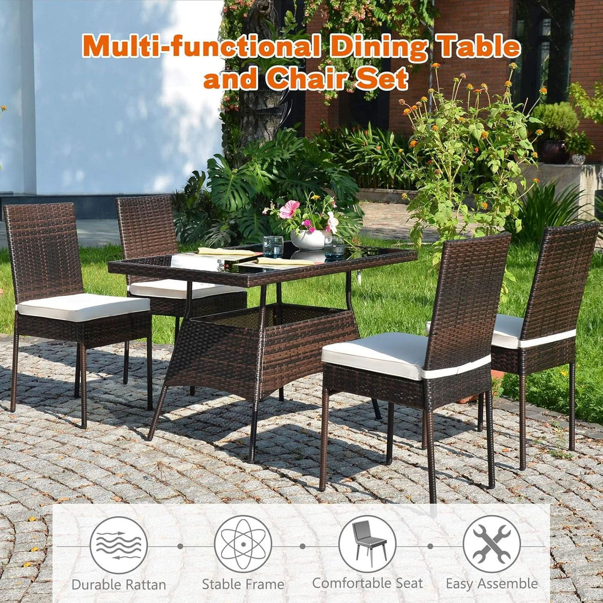 5 Piece Outdoor Patio Wicker Dining Set With Tempered Glass Table