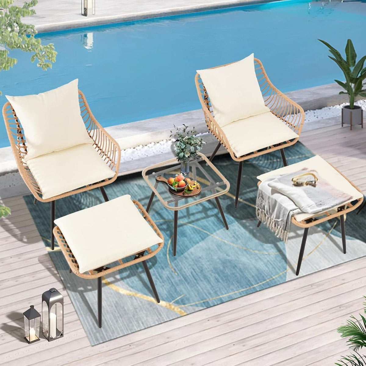 5 Piece Patio Bistro Set With Ottoman Outdoor Wicker Yellow