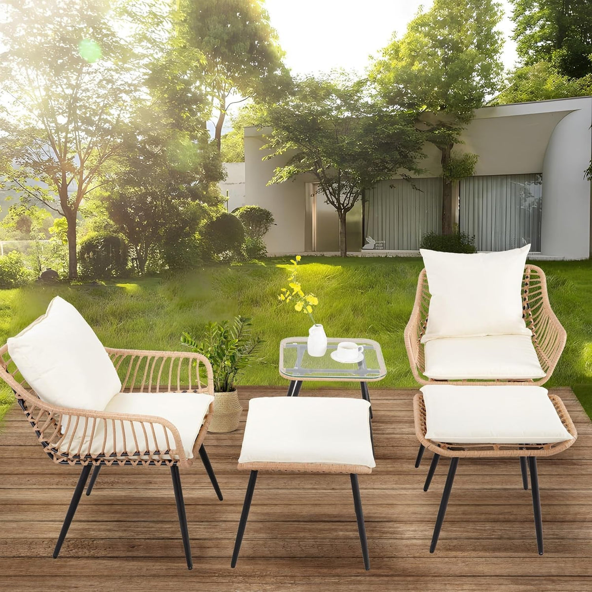 5 Piece Patio Bistro Set With Ottoman Outdoor Wicker Yellow