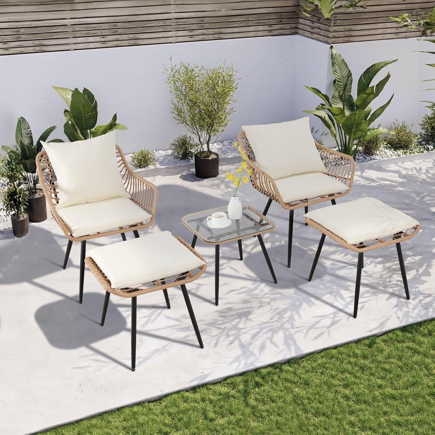 5 Piece Patio Conversation Set Outdoor Wicker With Ottoman