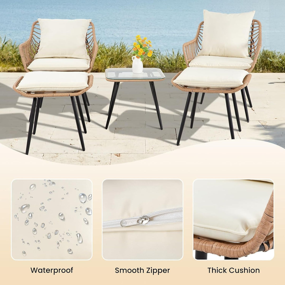 5 Piece Patio Conversation Set Outdoor Wicker With Ottoman