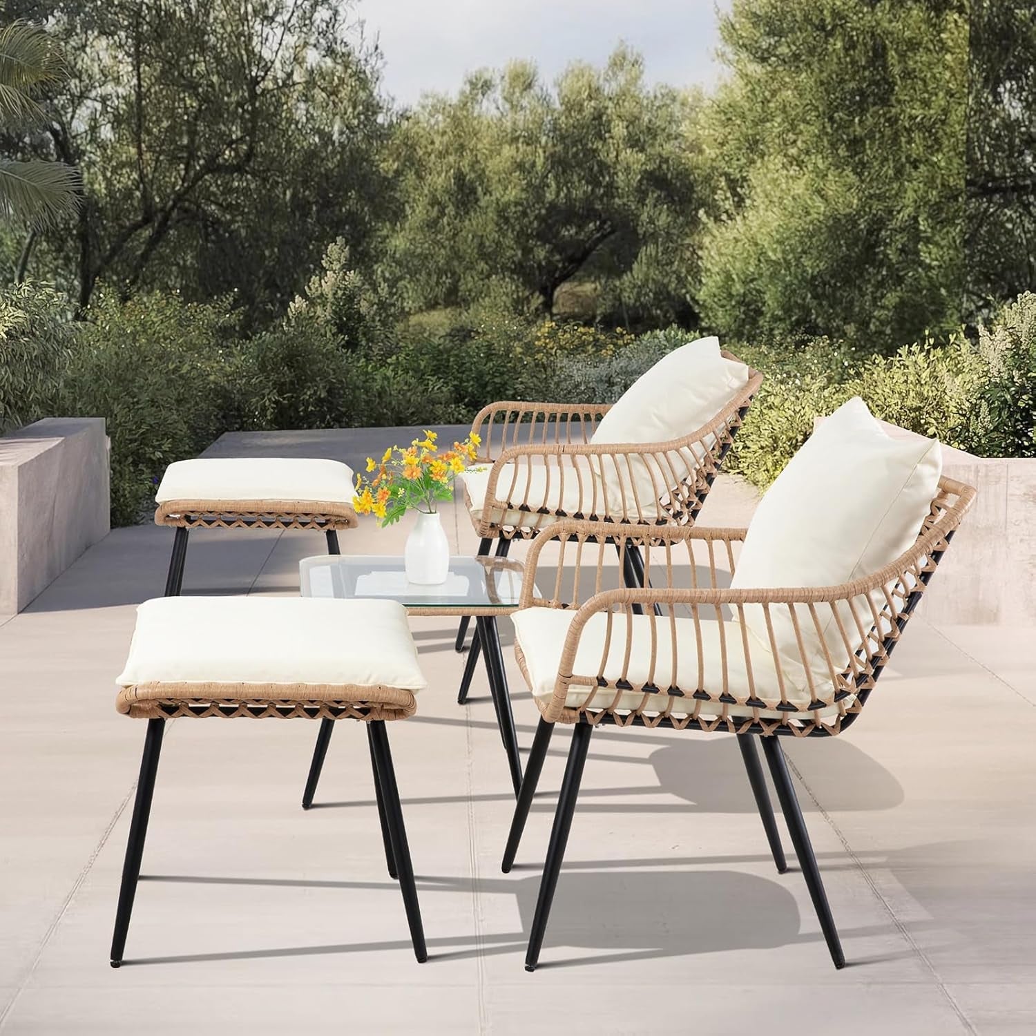 5 Piece Patio Conversation Set Outdoor Wicker With Ottoman