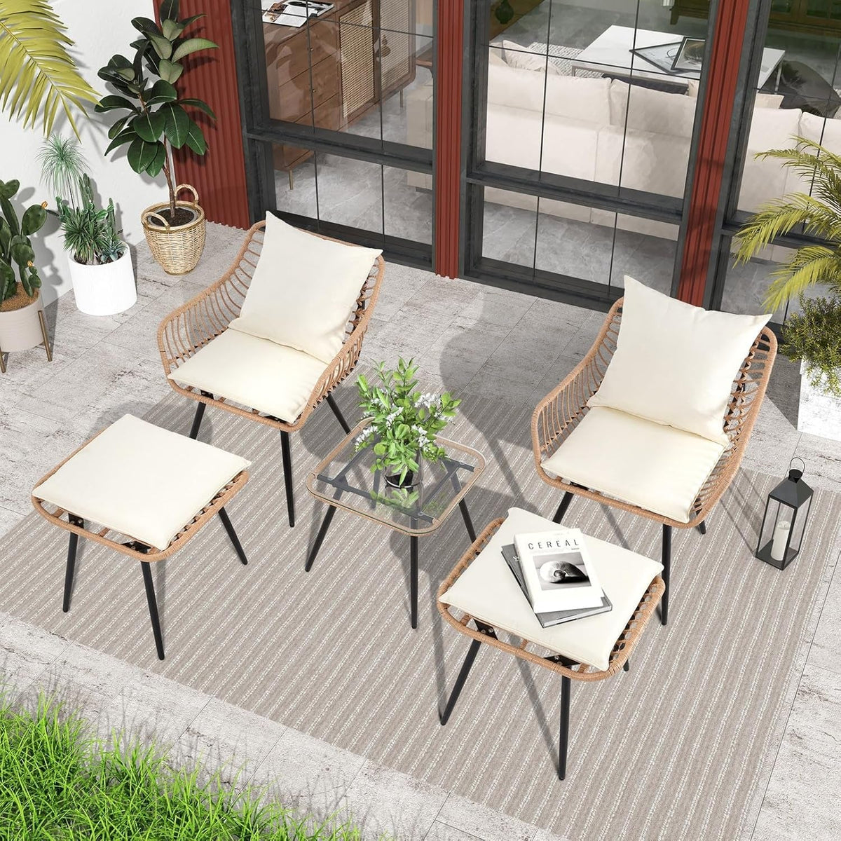 5 Piece Patio Conversation Set Outdoor Wicker With Ottoman