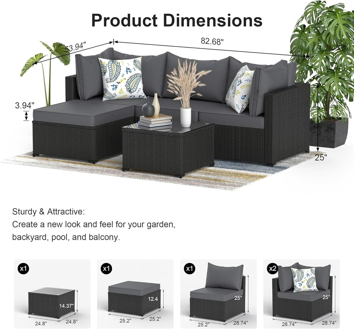 5 Piece Patio Furniture Set Waterproof Rattan Grey Cushions