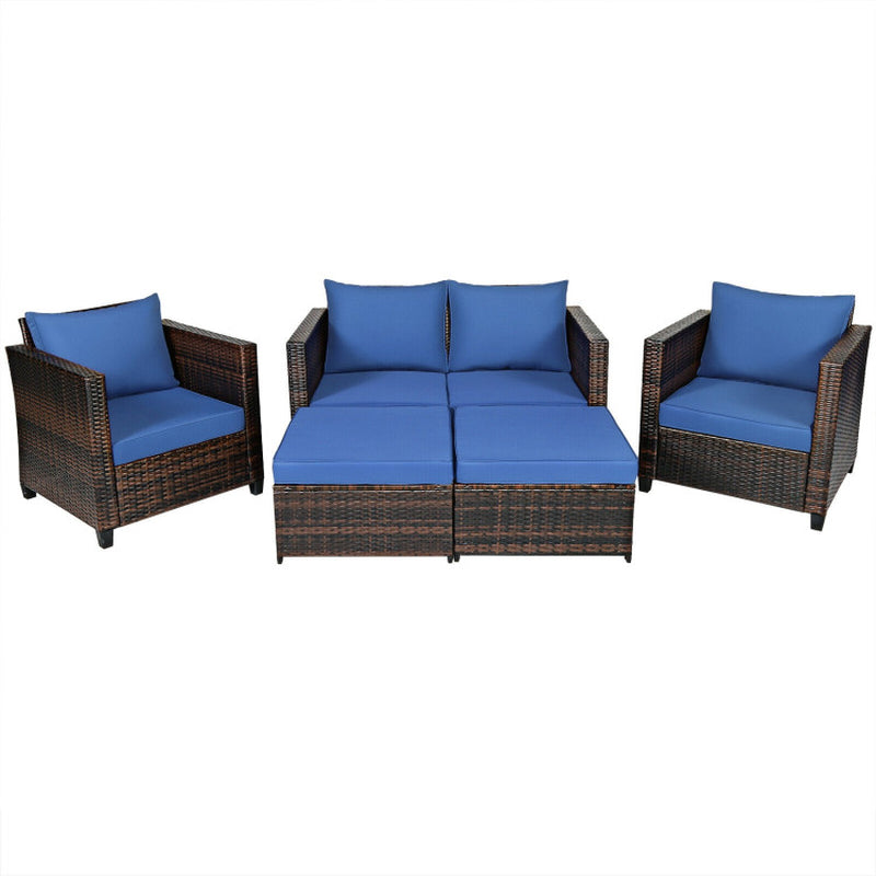 5 Piece Patio Rattan Furniture Set With Removable Cushions
