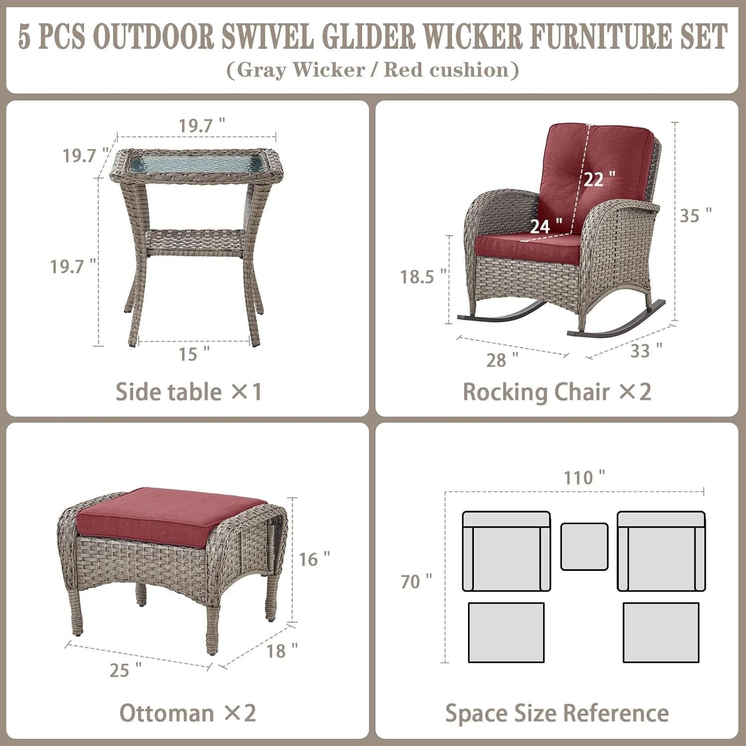 5 Piece Patio Rocking Chairs Set With Wicker Ottomans