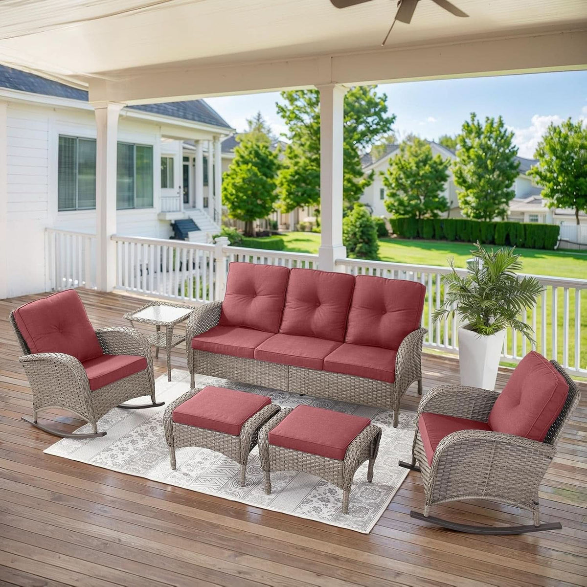 5 Piece Patio Rocking Chairs Set With Wicker Ottomans