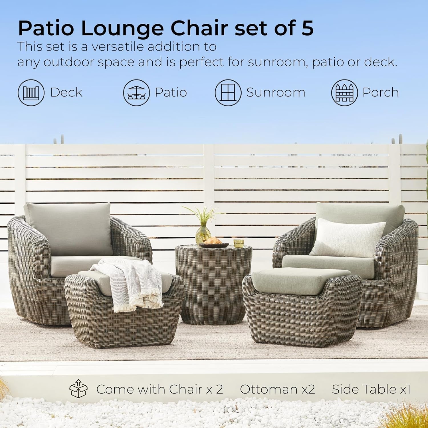 5 Piece Patio Wicker Furniture Set With Removable Cushions