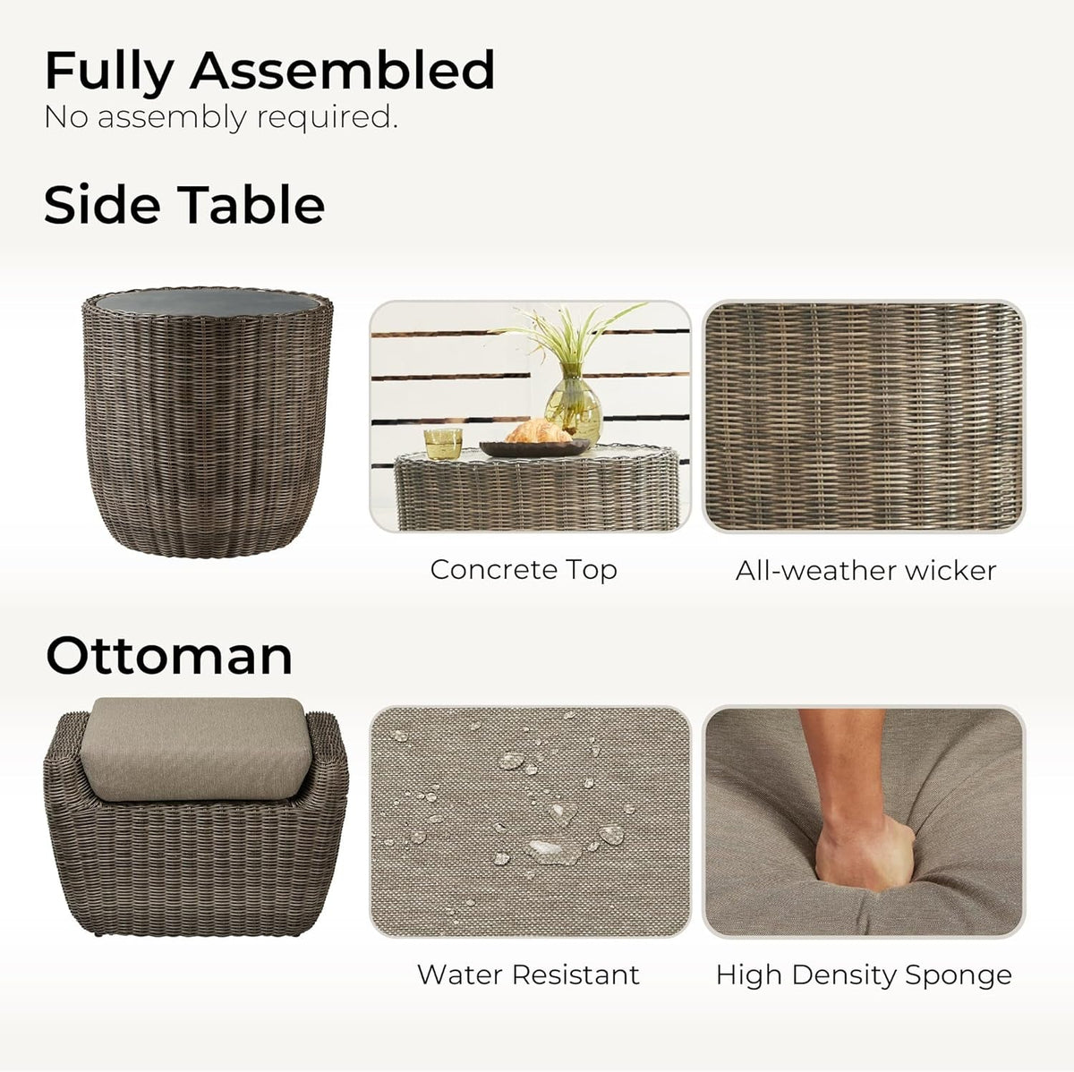 5 Piece Patio Wicker Furniture Set With Removable Cushions