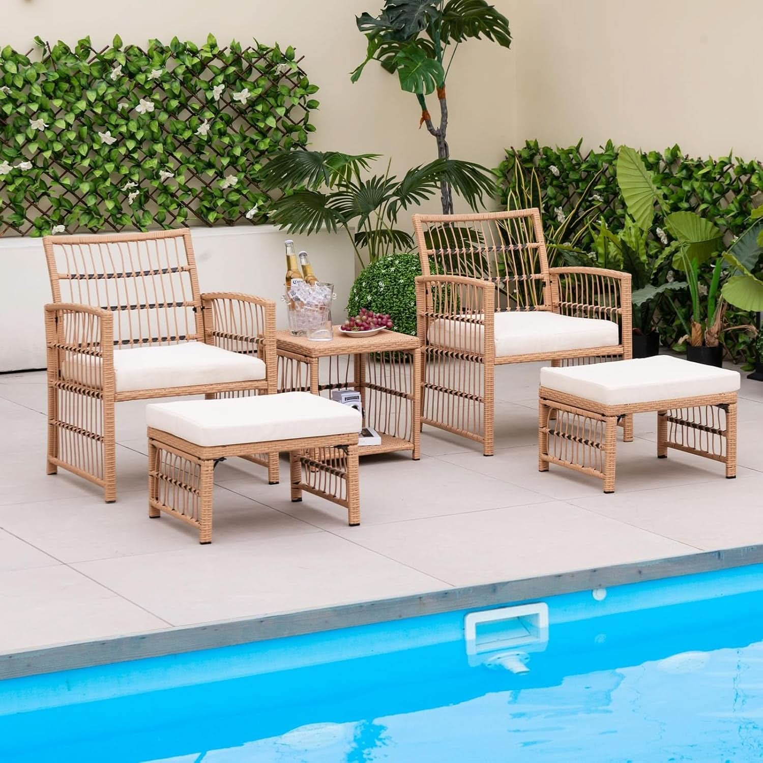 5 Piece Patio Wicker Sofa Set With Cushions Natural Finish