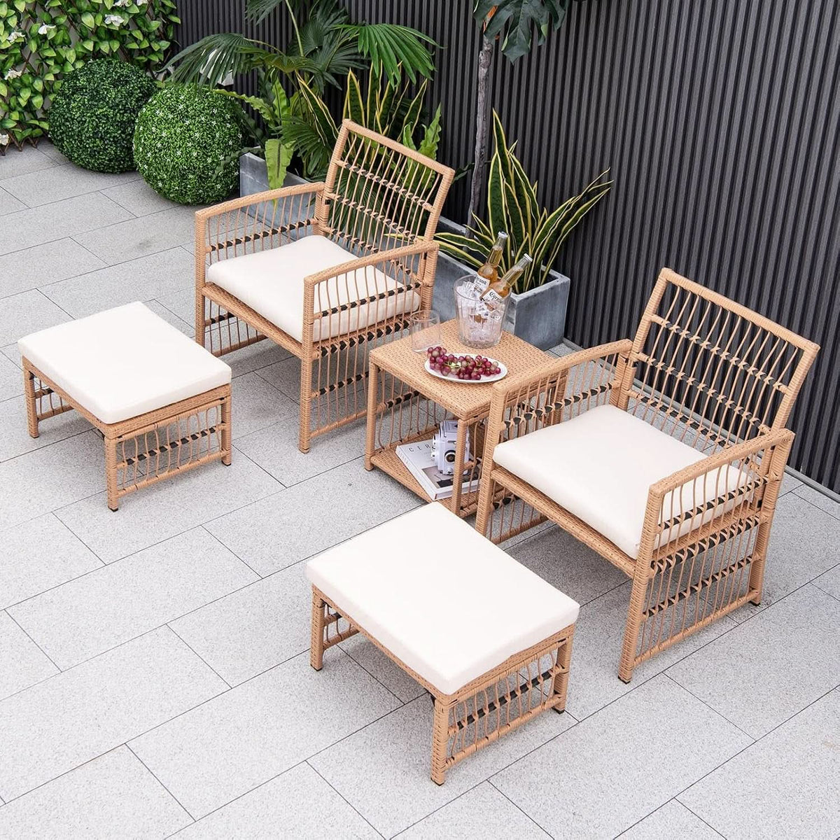 5 Piece Patio Wicker Sofa Set With Cushions Natural Finish