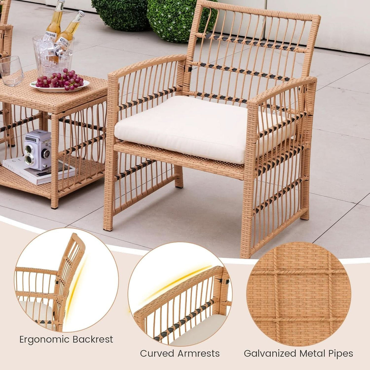 5 Piece Patio Wicker Sofa Set With Cushions Natural Finish