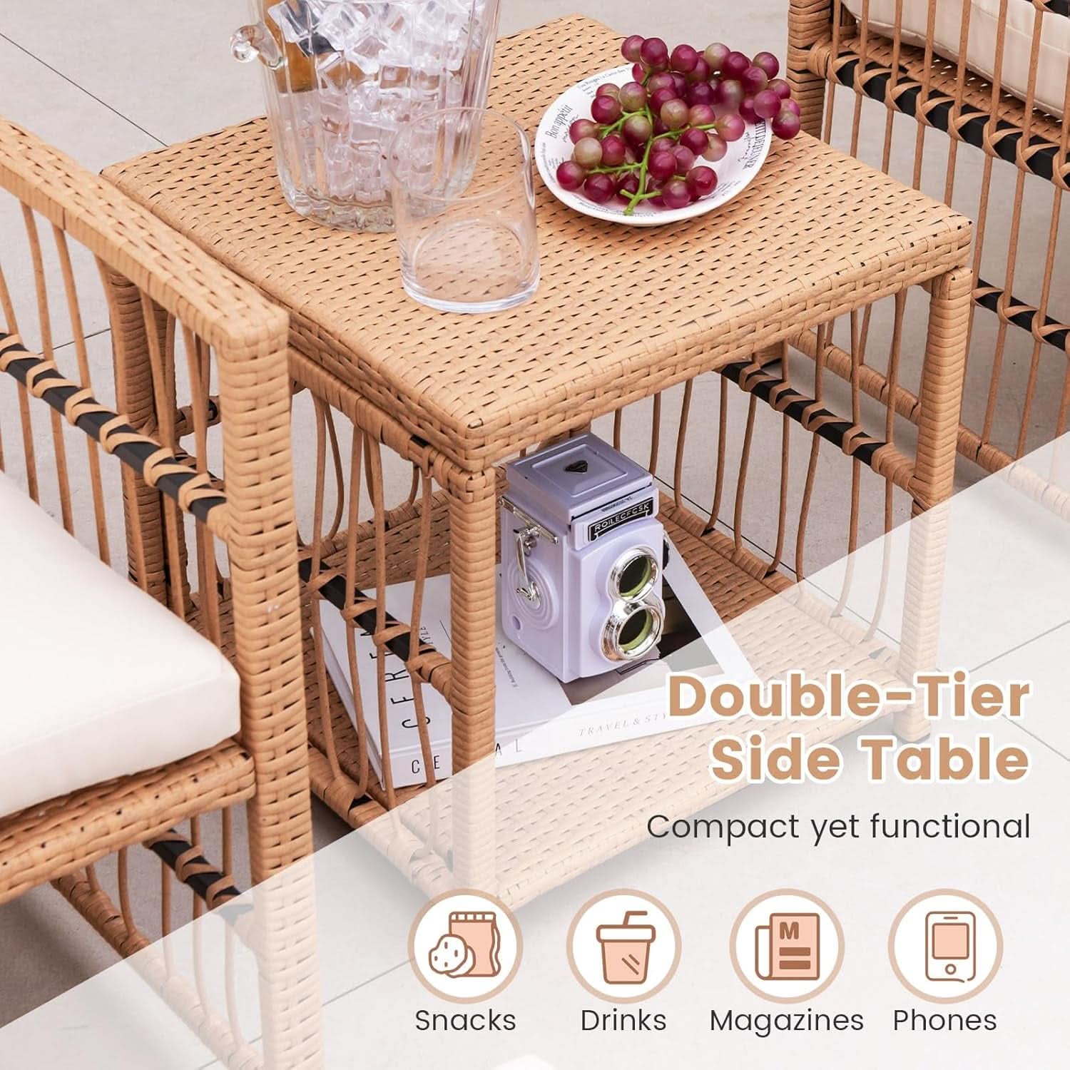 5 Piece Patio Wicker Sofa Set With Cushions Natural Finish