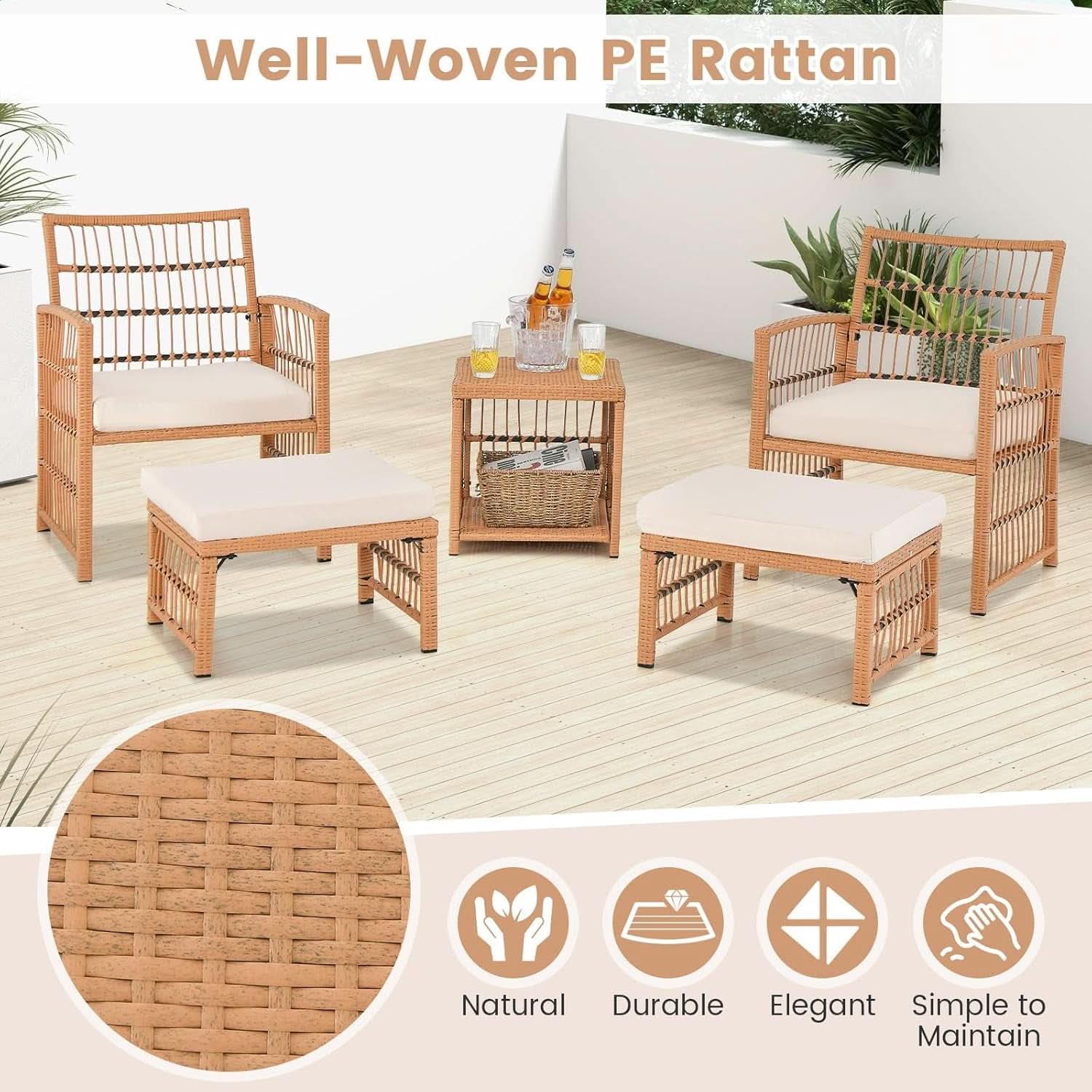 5 Piece Patio Wicker Sofa Set With Cushions Natural Finish