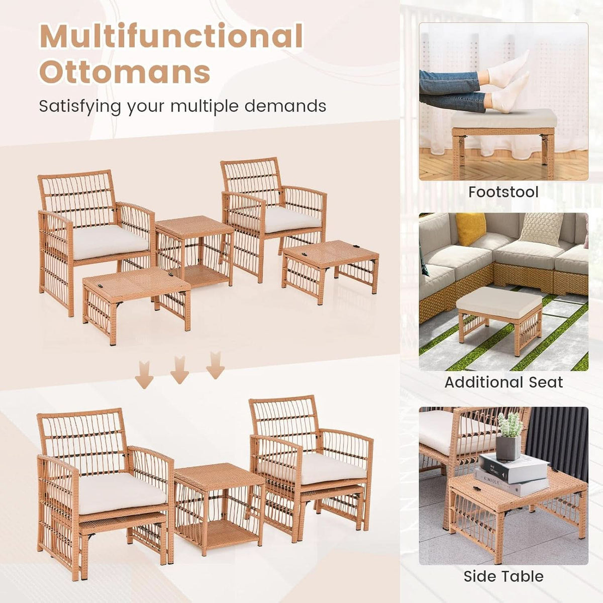 5 Piece Patio Wicker Sofa Set With Cushions Natural Finish