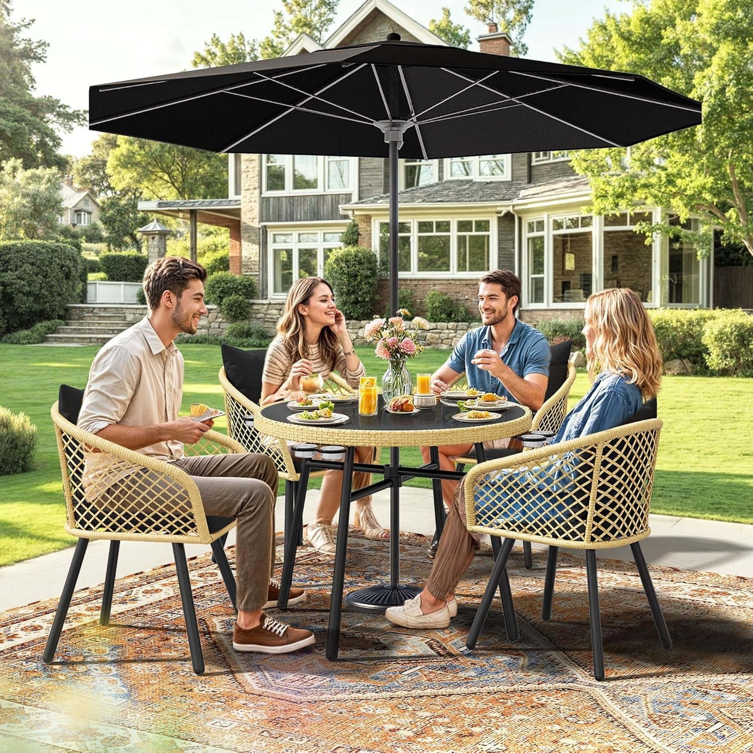 5-Piece Rattan Outdoor Dining Set with Cushions