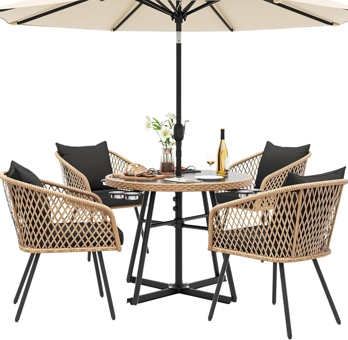 5-Piece Rattan Outdoor Dining Set with Cushions