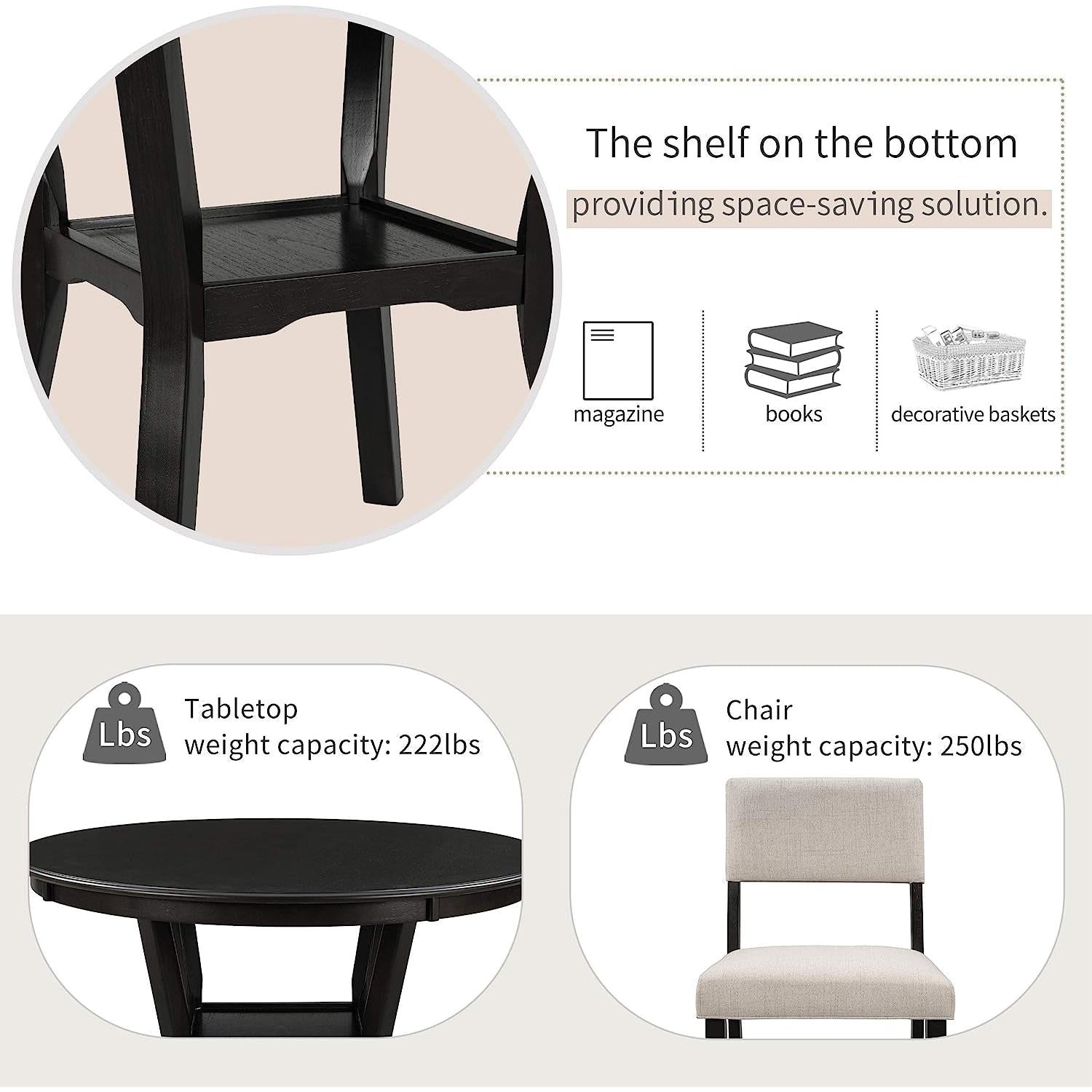 5-Piece Round Dining Table Set Linen Upholstered Chairs
