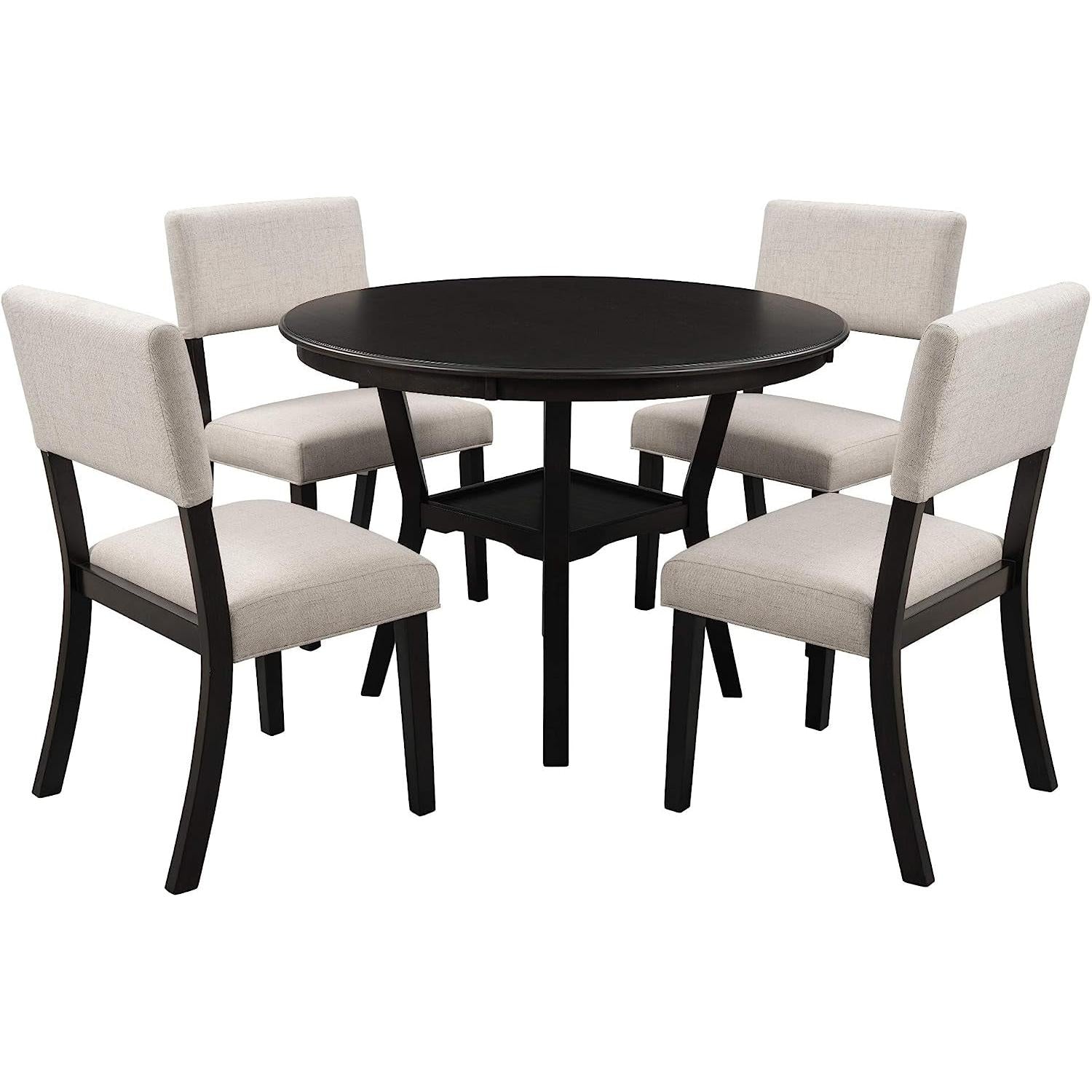 5-Piece Round Dining Table Set Linen Upholstered Chairs