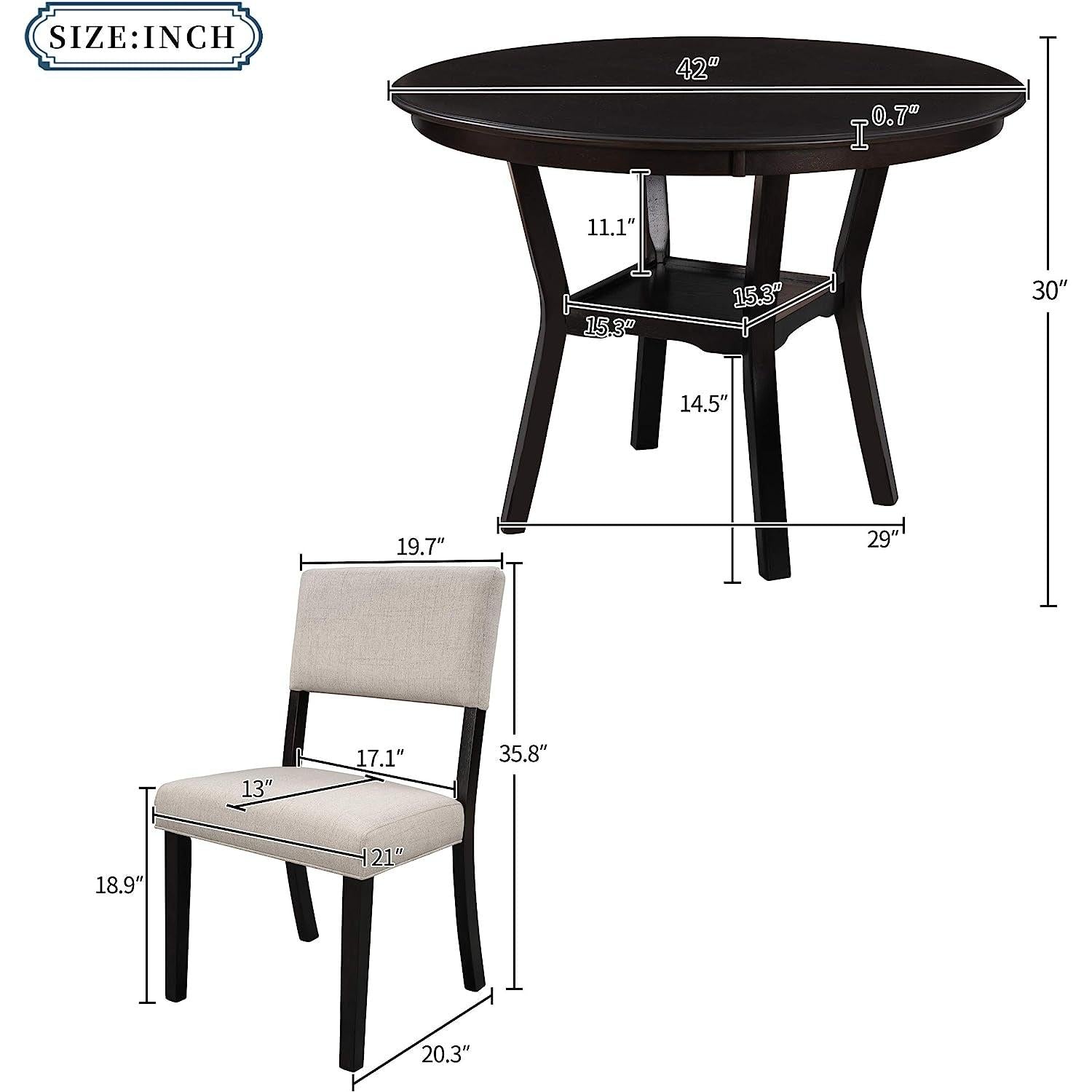 5-Piece Round Dining Table Set Linen Upholstered Chairs