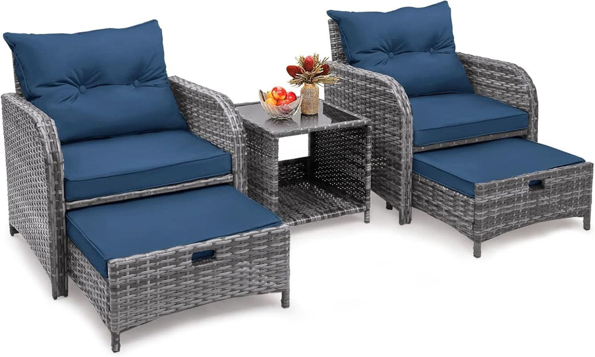 5 Pieces Wicker Outdoor Patio Chairs Set With Ottoman Blue