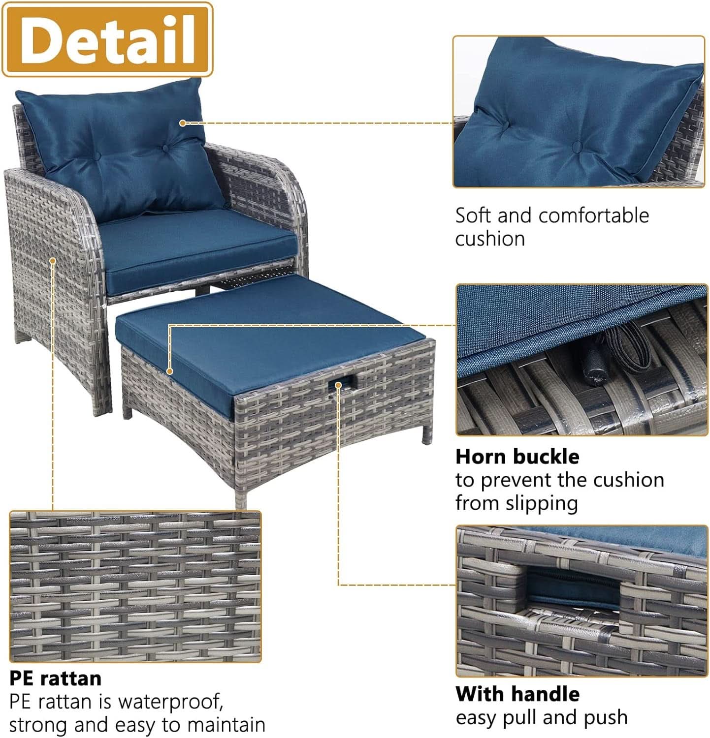 5 Pieces Wicker Outdoor Patio Chairs Set With Ottoman Blue