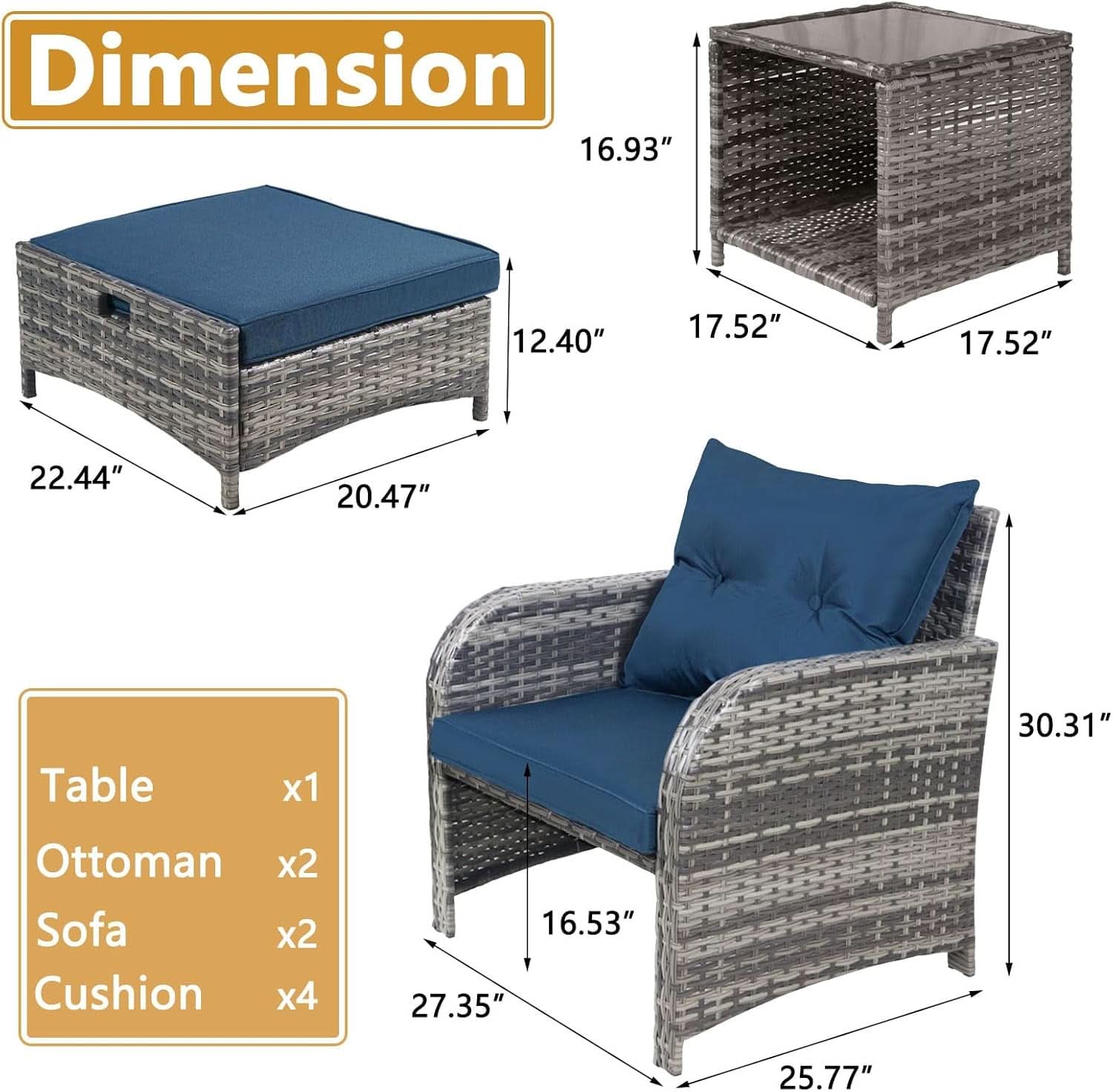 5 Pieces Wicker Outdoor Patio Chairs Set With Ottoman Blue