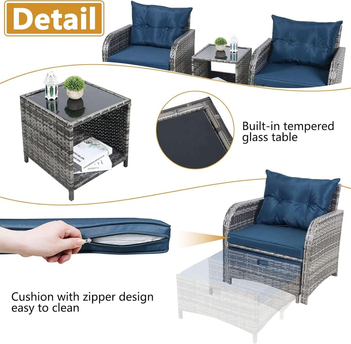 5 Pieces Wicker Outdoor Patio Chairs Set With Ottoman Blue