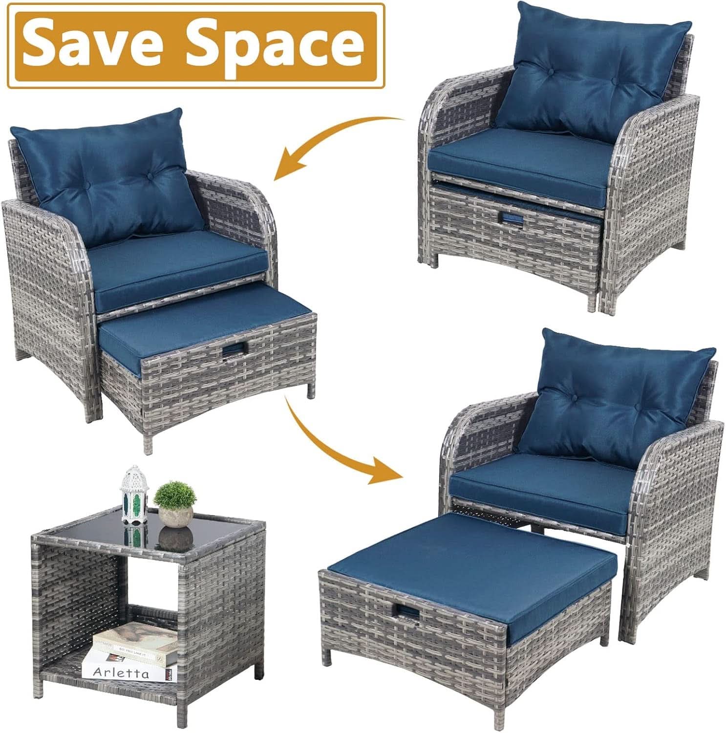 5 Pieces Wicker Outdoor Patio Chairs Set With Ottoman Blue