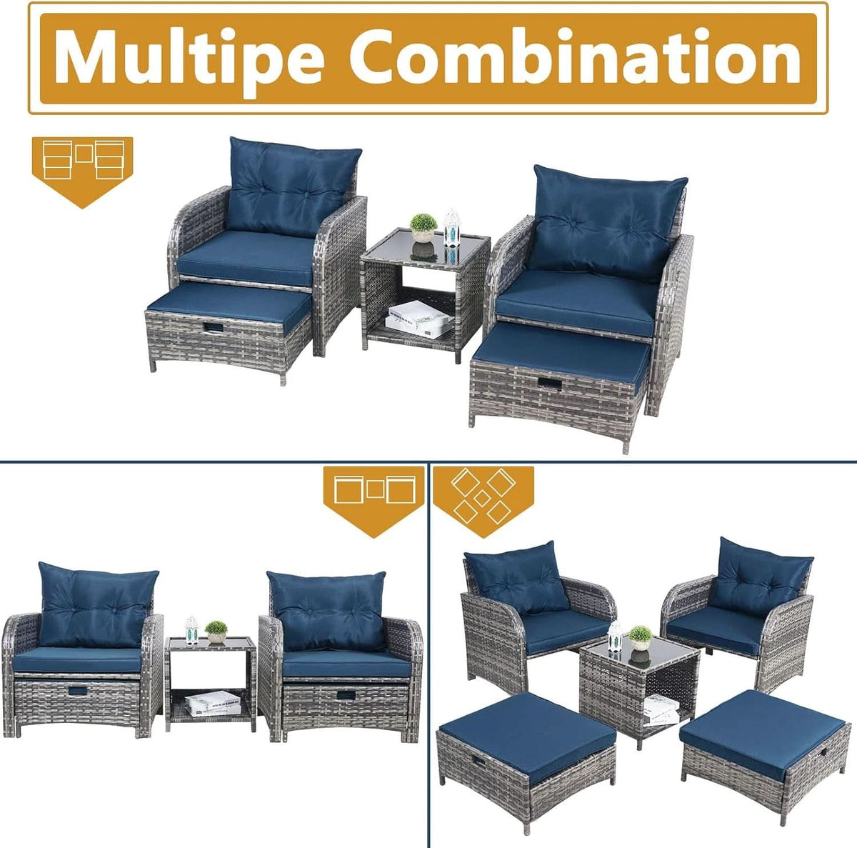 5 Pieces Wicker Outdoor Patio Chairs Set With Ottoman Blue