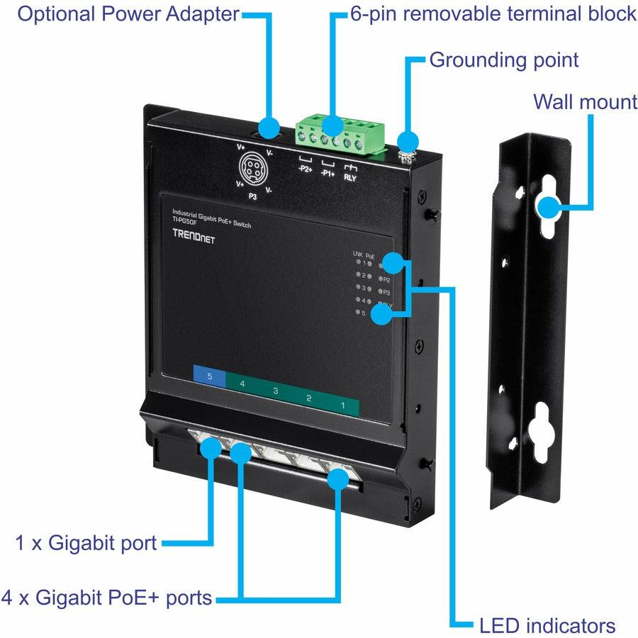 5-Port Industrial Gigabit PoE+ Wall-Mounted Front Access Switch TI-PG50F