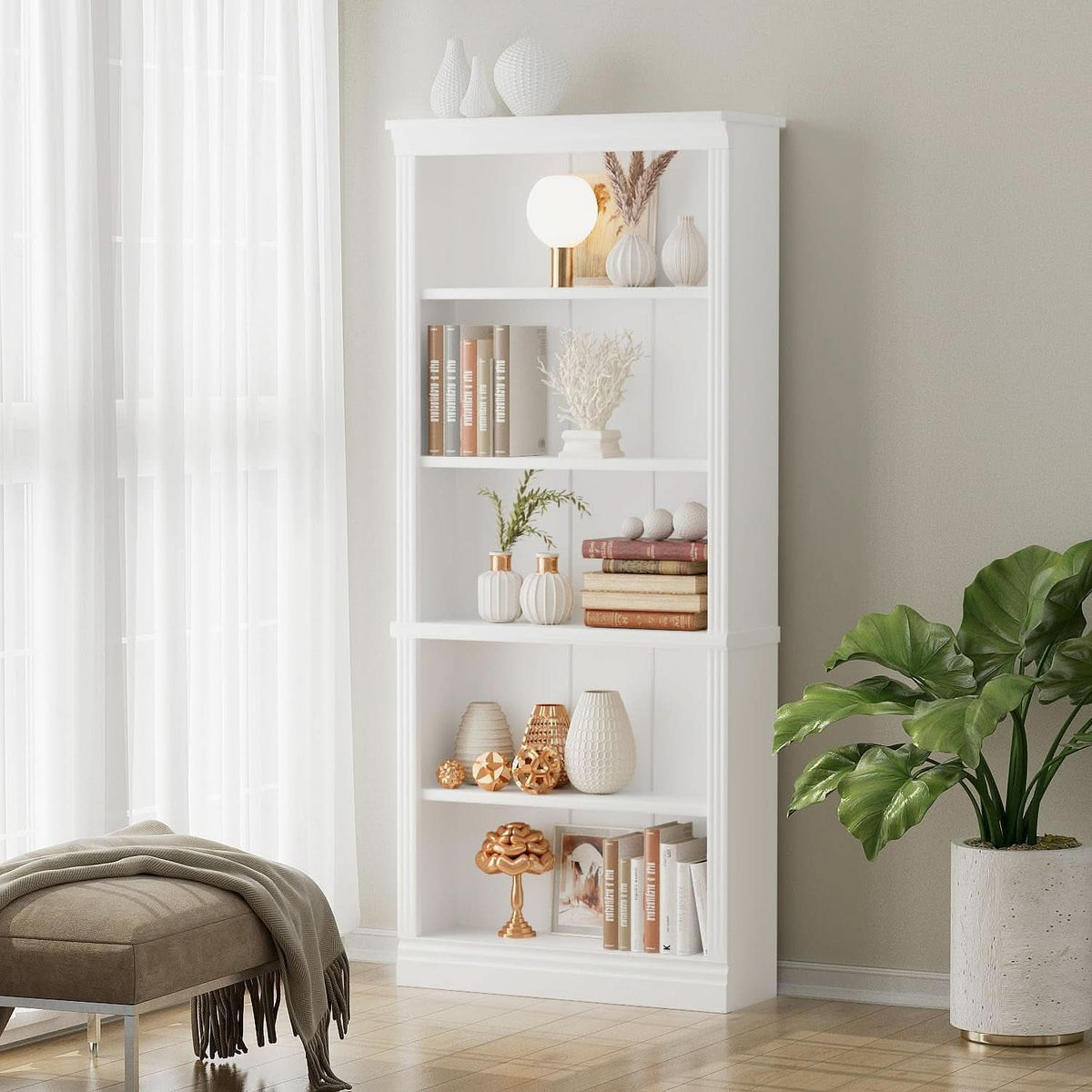 5-Shelf Bookcase Wooden Standing Rack White Living Room
