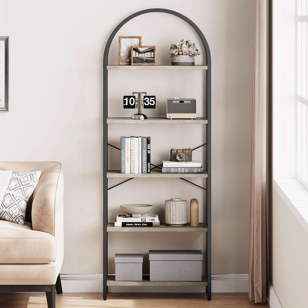 5 Tier Arched Bookshelf Tall Modern Display Rack Wood And Metal