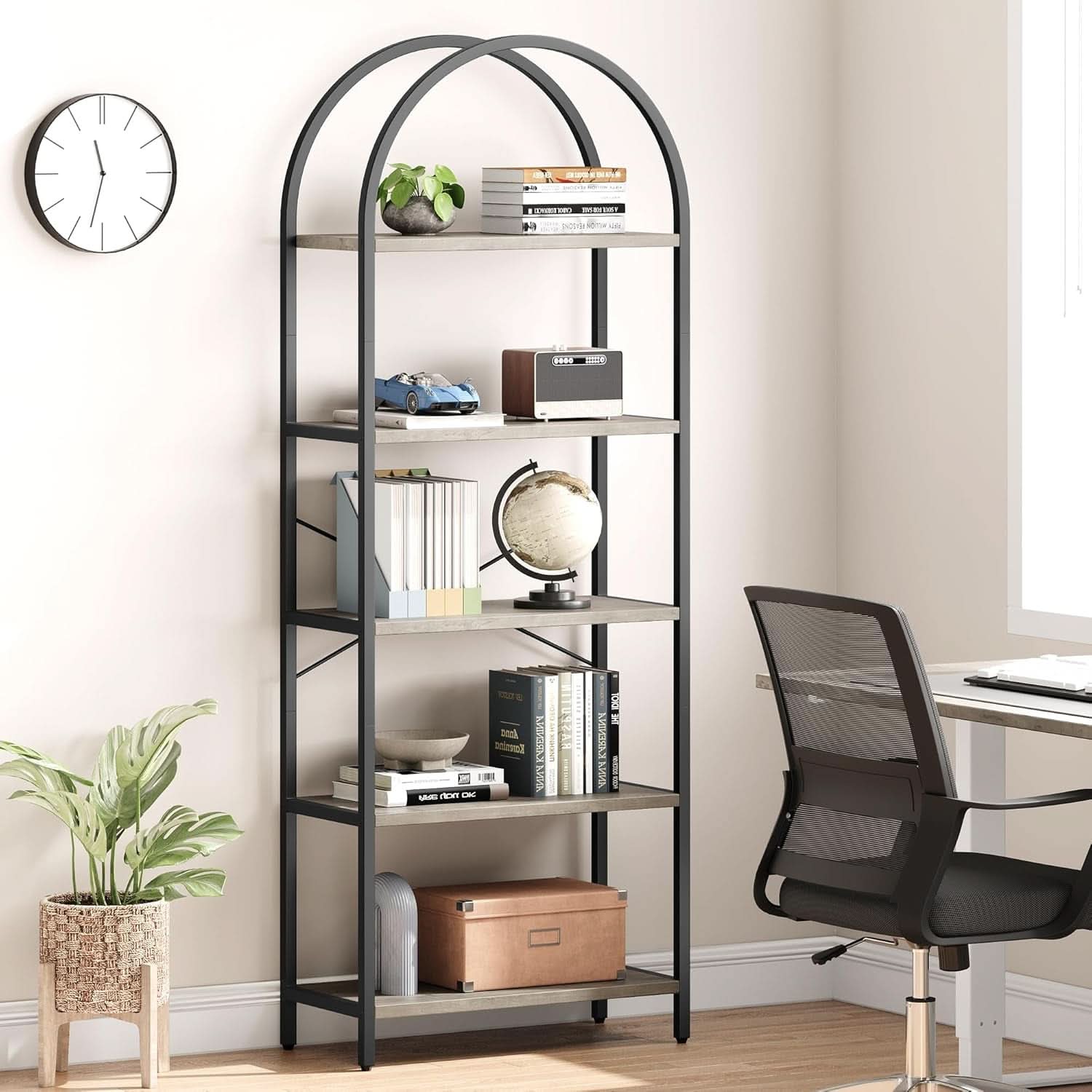 5 Tier Arched Bookshelf Tall Modern Display Rack Wood And Metal