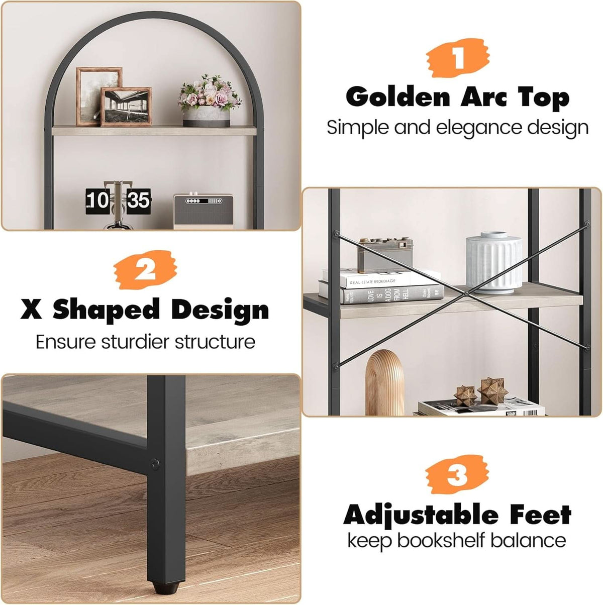 5 Tier Arched Bookshelf Tall Modern Display Rack Wood And Metal