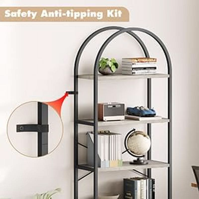 5 Tier Arched Bookshelf Tall Modern Display Rack Wood And Metal