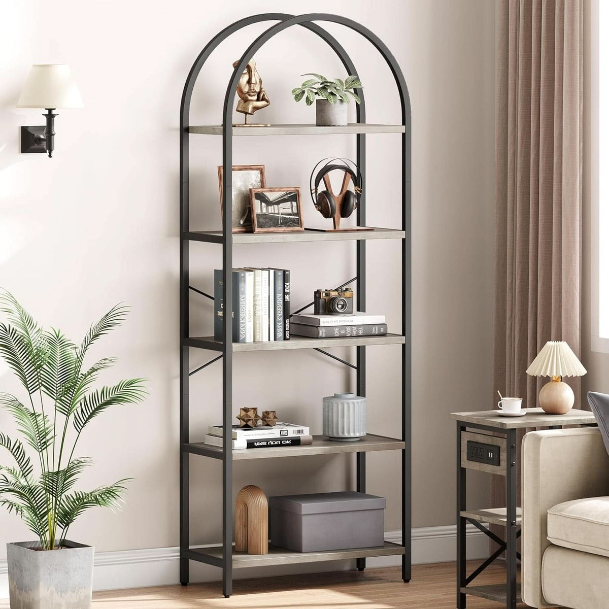 5 Tier Arched Bookshelf Tall Modern Display Rack Wood And Metal