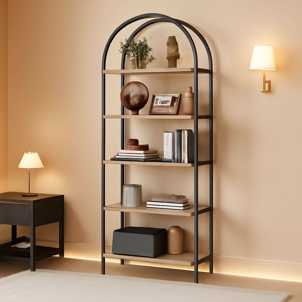 5 Tier Arched Bookshelf Tall Modern Display Rack Wood And Metal