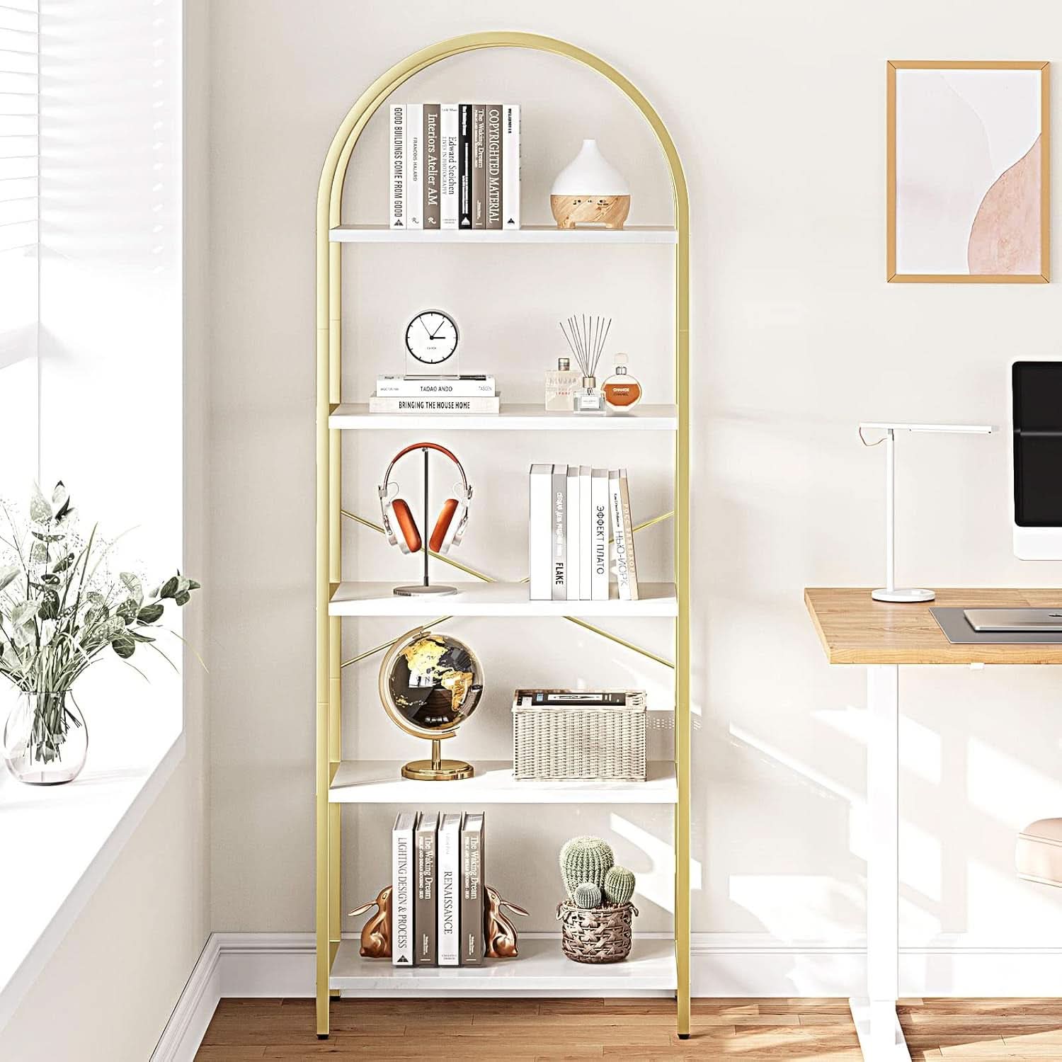 5 Tier Bookshelf Arched Display White Gold Metal Frame Bookcase