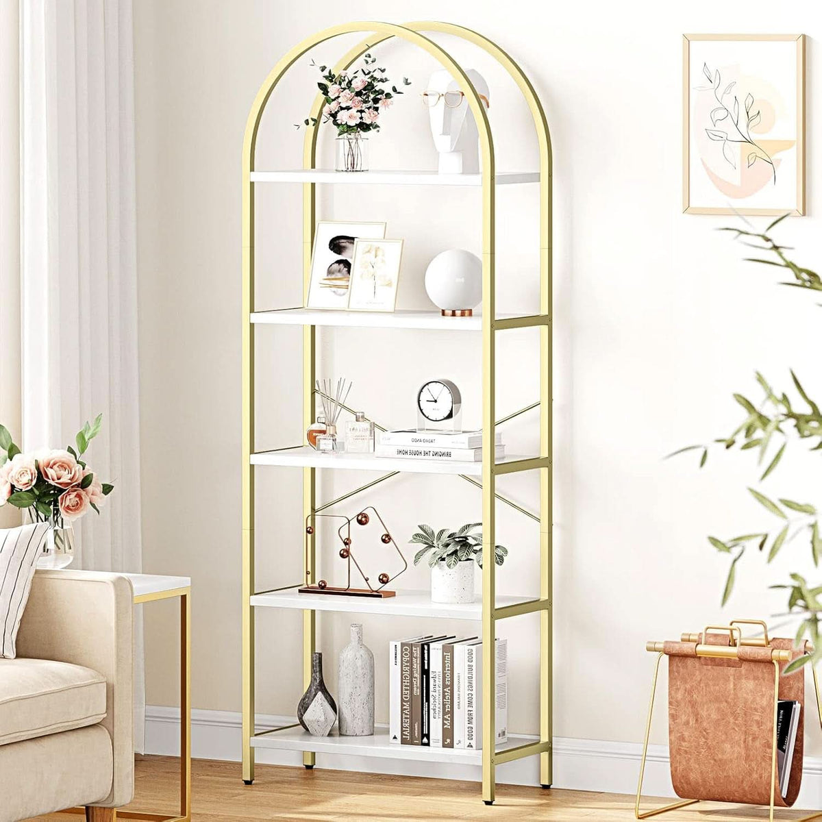 5 Tier Bookshelf Arched Display White Gold Metal Frame Bookcase