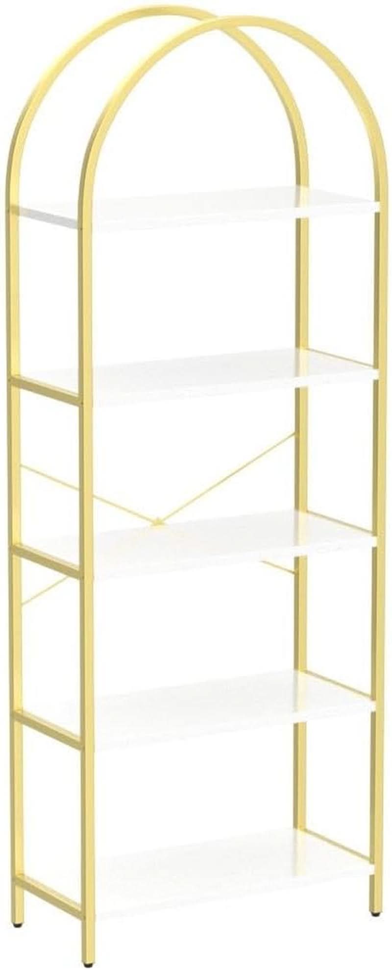 5 Tier Bookshelf Arched Display White Gold Metal Frame Bookcase