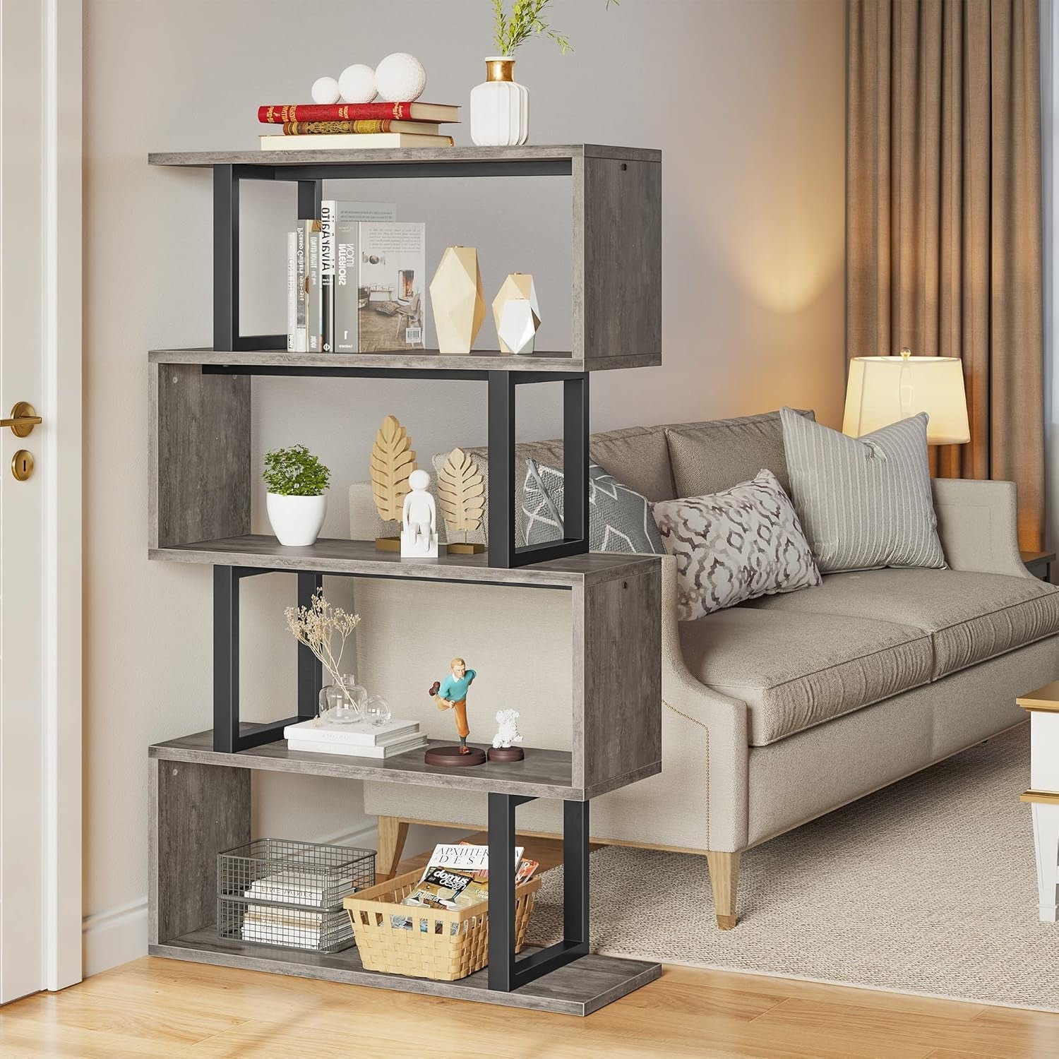 5 Tier Bookshelf Gray and Black for Office and Living Room