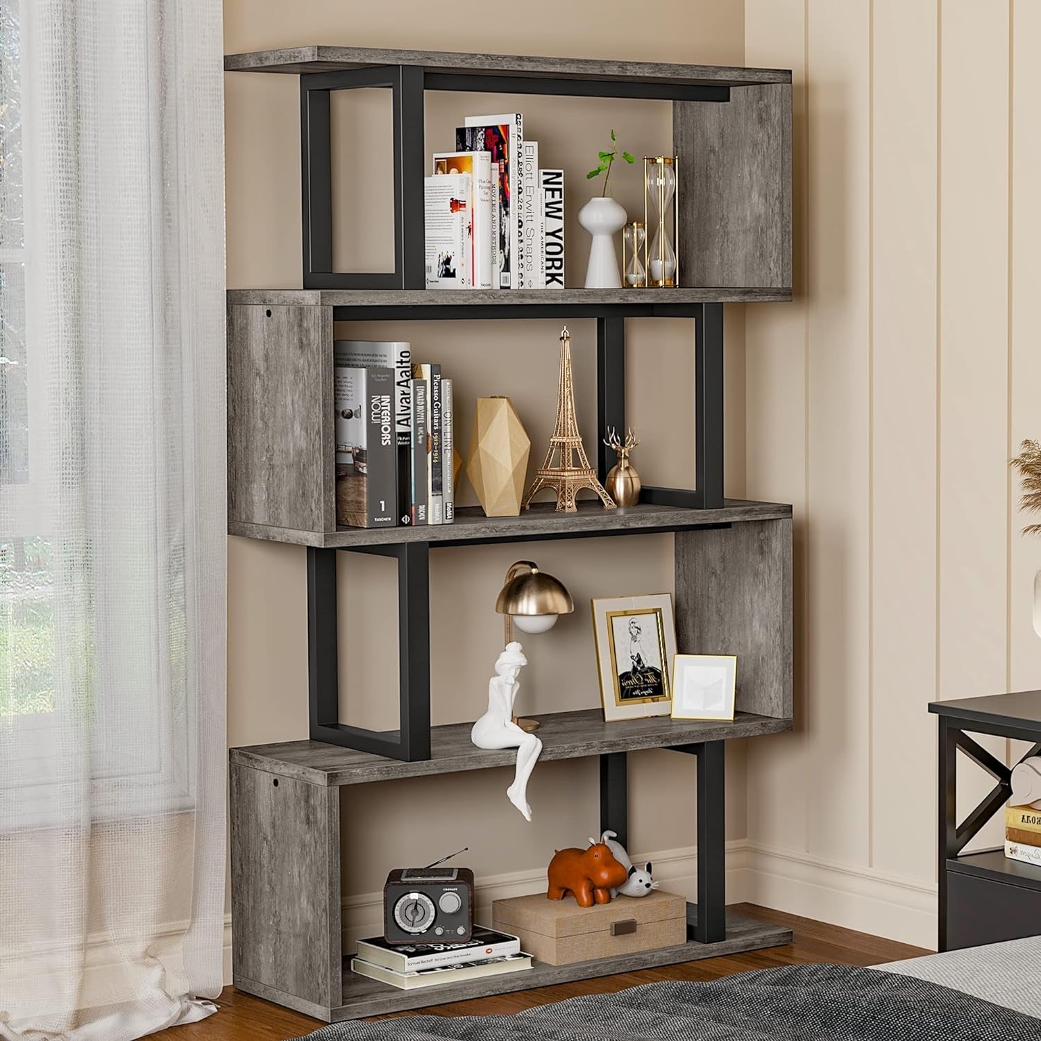 5 Tier Bookshelf Gray and Black for Office and Living Room